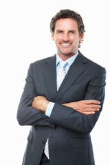 Portrait, mature business man and arms crossed in studio for corporate consulting, executive work and professional broker on white background. Happy manager, financial advisor or entrepreneur in suit