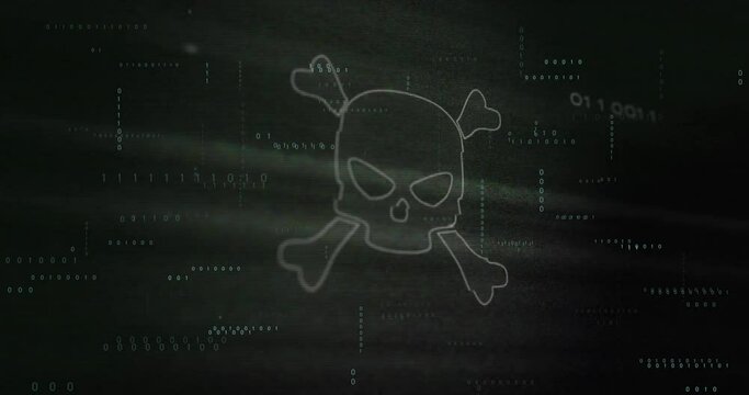 Animation of skull and bones icon over binary coding data processing