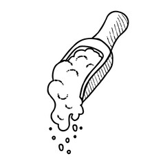 Line Wooden scoop with flour. Hand drawn monochrome illustration. Outline web cooking icon.