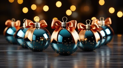 Luxurious Christmas balls tied with gold ribbon. New Year's gift.