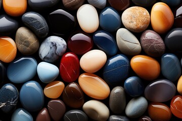 Fototapeta na wymiar Background of colorful small smooth textured beautiful stones of different shapes and sizes.
