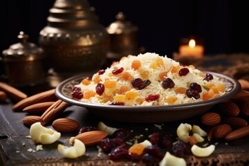 Rice with dried fruits and nuts - obrazy, fototapety, plakaty