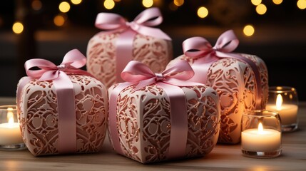Lots of pink beautiful gift boxes with festive bows. Christmas gifts theme.