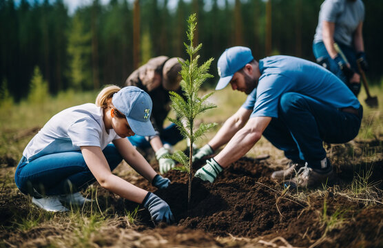 a group of people planting a tree in a field with gloves on and gloves on their hands, and one person holding a shovel, green, ecological art, generative ai