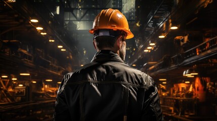 A male architect-builder stands in a hard hat against the background of a building under construction. Back view.