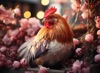 Fototapeta premium A beautiful chicken sits on a nest of branches. Easter photo wallpaper.