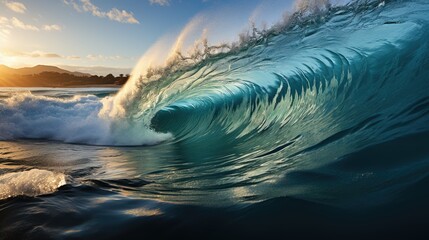 Huge beautiful sea waves in the ocean close-up. The theme of extreme tourism. - obrazy, fototapety, plakaty