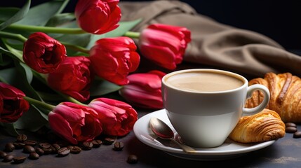 Obraz premium A white cup of coffee and a bouquet of bright red flowers on a wooden table. Appetizing fresh croissant. Elegant breakfast.