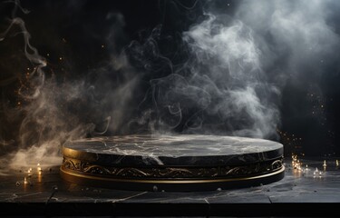 Beautiful stone empty dark platform. Against a background of smoke and fog.