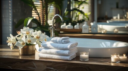 White, clean, neatly folded towels lie on a wooden table . The theme of staying at the hotel is relaxation and comfort. - obrazy, fototapety, plakaty