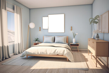 Interior of the minimalist bedroom with a wooden bed and mockup of posters or paintings