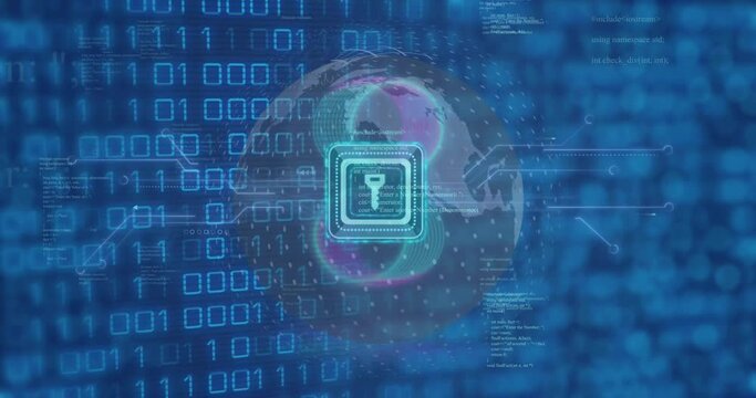 Animation of padlock icon over binary coding data processing