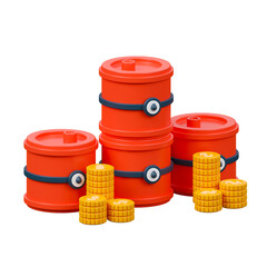 Crude oil investment 3d illustration. Oil cans with stack of coin. Invest on commodity concept.