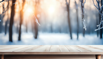 Empty wooden table on abstract winter background for product presentation - space for a montage showing the product.