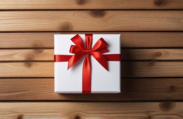 Gift box with red ribbon bow on wooden background