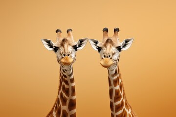 Obraz premium Portrait of two giraffes on a yellow background