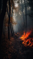 A forest fire ravages the landscape, depicting the alarming consequences of deteriorating ecology, rising temperatures, burning forests, peat fires, diminishing greenery, and climate change impacts.