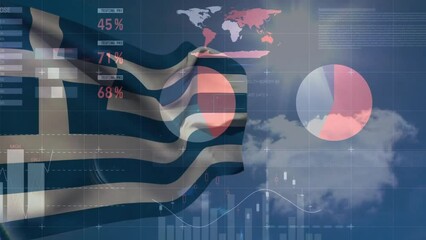 Animation of financial data processing over flag of greece - Powered by Adobe