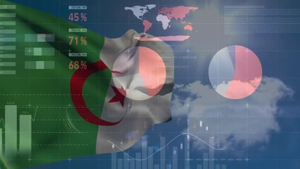 Animation of financial data processing over flag of algeria - Powered by Adobe