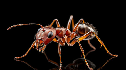 close up of an ant on black isolated background, macro photography 