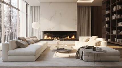 Cozy modern luxurious interior design of the living room with a fireplace
