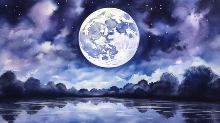 Fototapeta na wymiar Watercolor night landscape with moon, clouds and stars