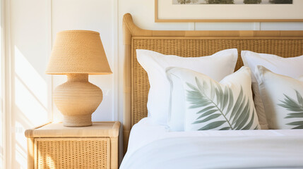 A close-up in this coastal bedroom captures the trend of rattan, highlighting a headboard amidst cotton textures. Neutral and blue tones, serene morning light contribute to coastal chic ambiance.



