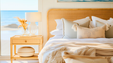 A close-up in this coastal bedroom captures the trend of rattan, highlighting a headboard amidst...