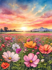 Fototapeta na wymiar Watercolor illustration landscape of colorful cosmos flowers field with sunset view. Golden hour. Creative mobile wallpaper. 