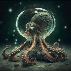 Octopus with a glass head where inside you can see the universe, wildlife photography, dark fantasy, illustration, conceptual art, painting, 3d render, photo. Generative AI