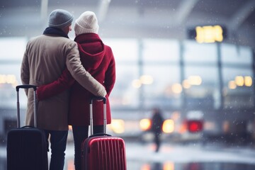 couple with travel suitcase in airport in winter - obrazy, fototapety, plakaty