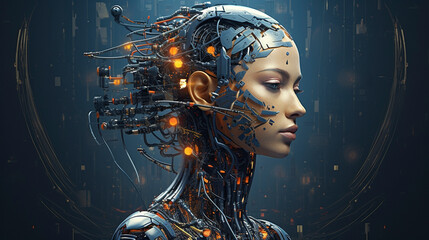 a woman that is connected to AI and cyborg technology in the future, futuristic biology, integration with artificial intelligence