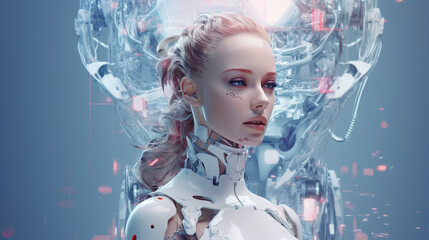 a woman that is connected to AI and cyborg technology in the future, futuristic biology, integration with artificial intelligence