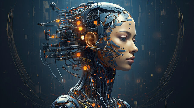 a woman that is connected to AI and cyborg technology in the future, futuristic biology, integration with artificial intelligence