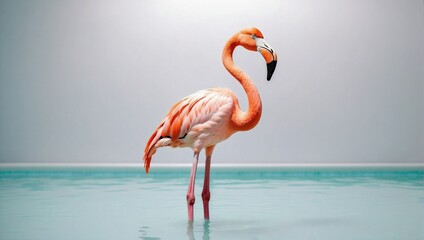 Vibrant pink flamingo standing elegantly in shallow water with a minimalist light blue background