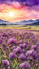 Photo sur Plexiglas Violet Watercolor illustration landscape of beautiful Purple Chives flowers field  with sunset view. Golden hour. Creative mobile wallpaper. 
