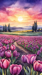  Watercolor illustration landscape of beautiful purple tulips flowers field with sunset view. Golden hour. Creative mobile wallpaper.