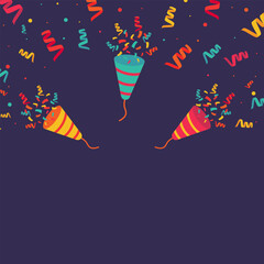 Colored confetti and firecrackers party popper, Vector festive birthday festival banner template, Festive decorations and surprises.