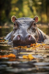 Hippopotamus in the water with autumn leaves.