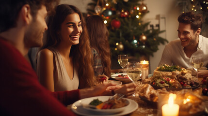 Obraz na płótnie Canvas Christmas Home Celebration: Multi-Ethnic Friends Sharing Festive Dinner