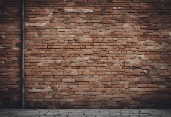 Old weathered vintage brick wall with broken plaster and pavement on the ground Grungy urban background - obrazy, fototapety, plakaty