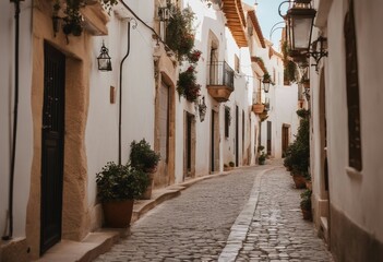 Picturesque narrow street in Spanish city old town Typical traditional whitewashed houses