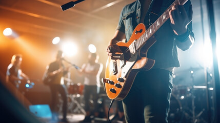 Live Band Performance on Concert Stage with Guitarist in Soft Focus