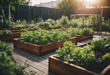 Raised beds in an urban garden growing plants herbs spices and vegetables