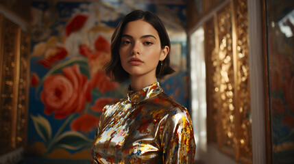 Fototapeta premium a spanish girl in her 20s, traditional, tight shiny metallic and floral dress
