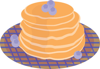 Pancakes on a plate with jam and blueberries.	