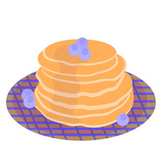 Pancakes on a plate with jam and blueberries.	