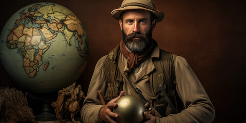 19th-century explorer, rugged appearance, safari attire, standing with a globe, map backdrop