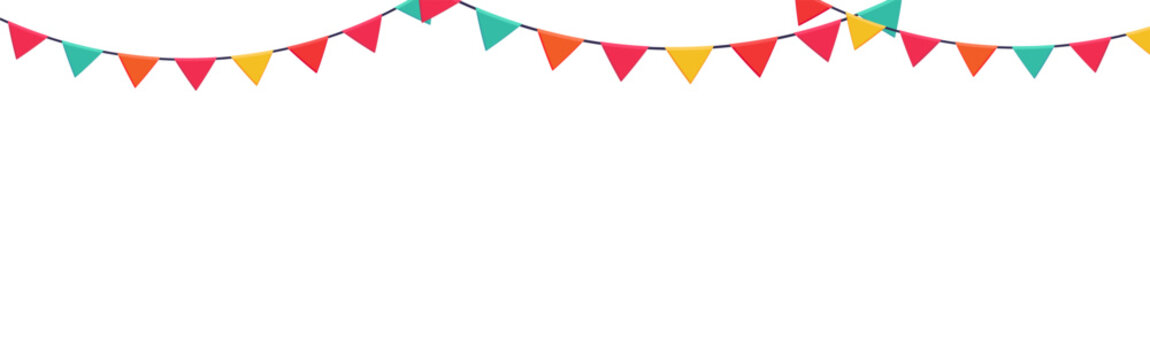 Garland of colored flags horizontal banner. Festive vector background in flat cartoon style on a white background.