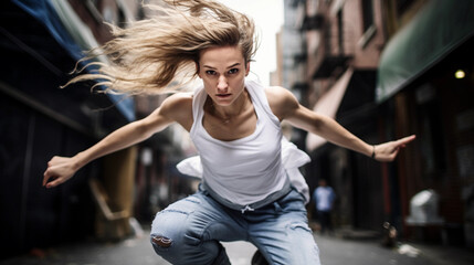 Fototapeta premium dancer mid-jump, powerful expression, urban alleyway, motion blur